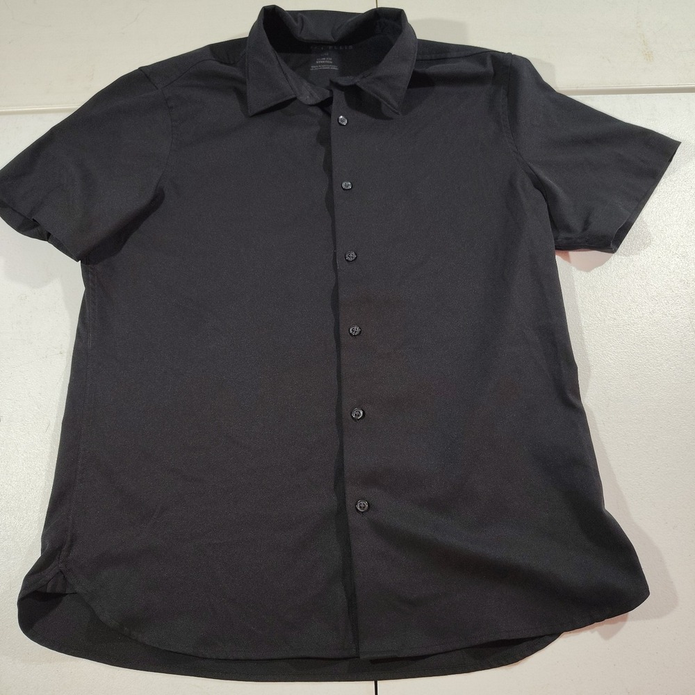 Perry Ellis Shirt Men L Black Slim 80's Leisure Dad Disco Short Sleeve Stretch
